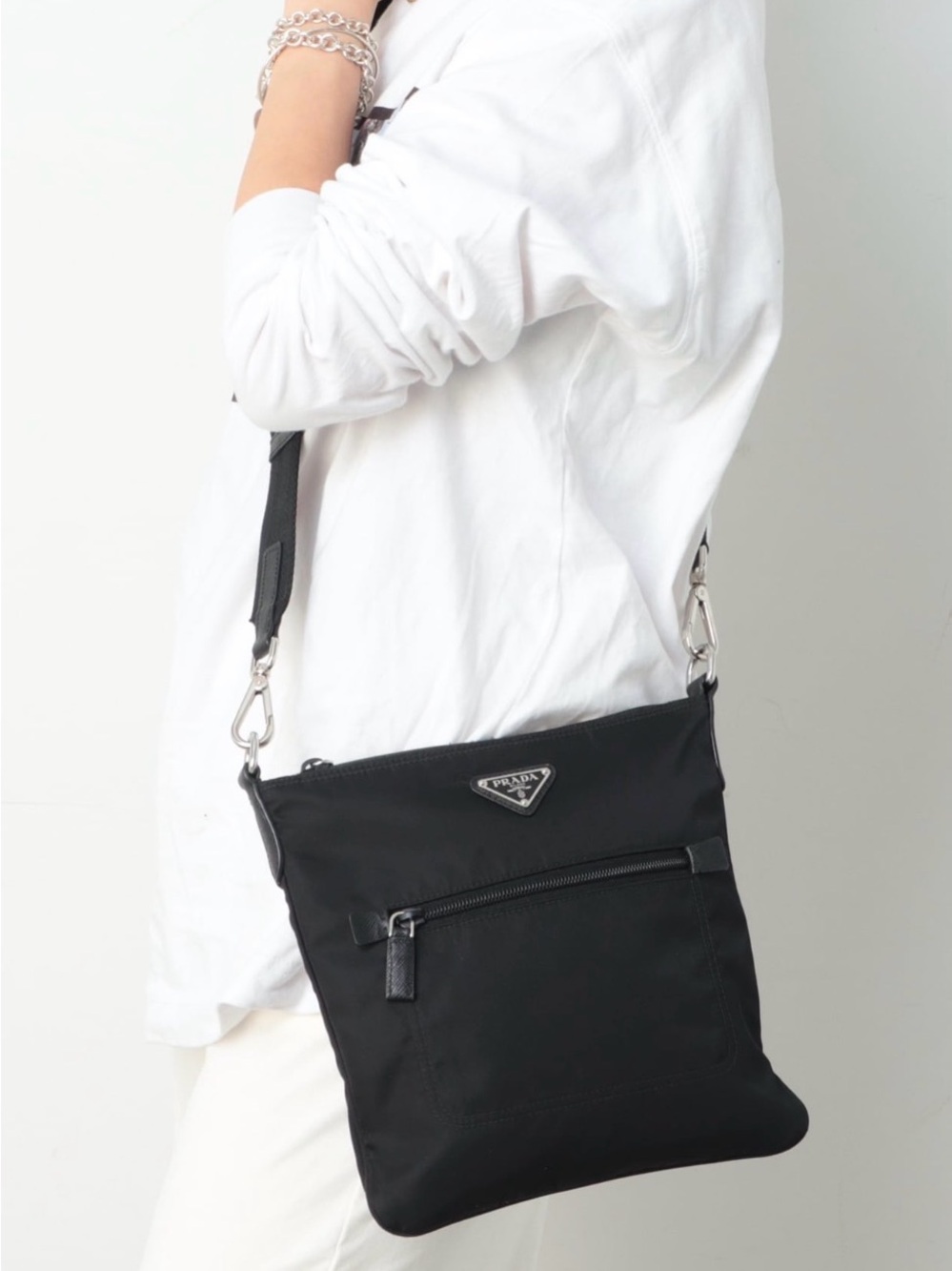 Prada Black Nylon Messenger Crossbody Bag with Silver Hardware